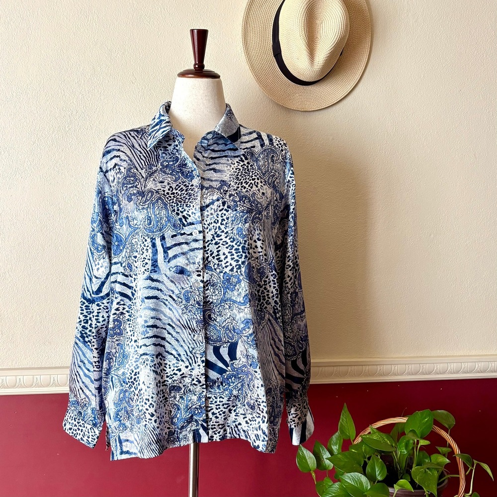 Vintage Eccobay Blue White Mixed Animal Print Button Down Blouse XL Maximalist